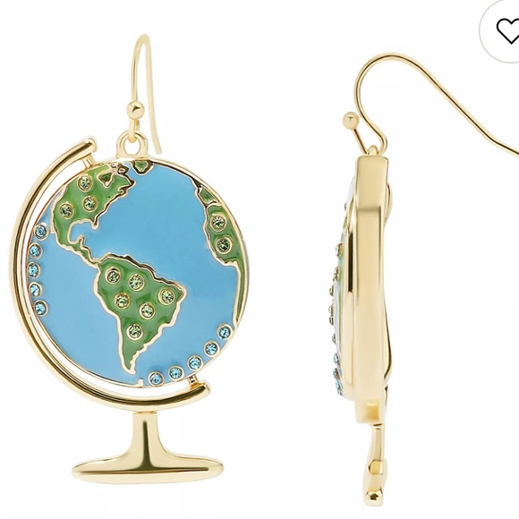 ⭐️NEW Black Diamond Gold Tone Metal Blue World Globe Drop Earrings - Picture 2 of 11